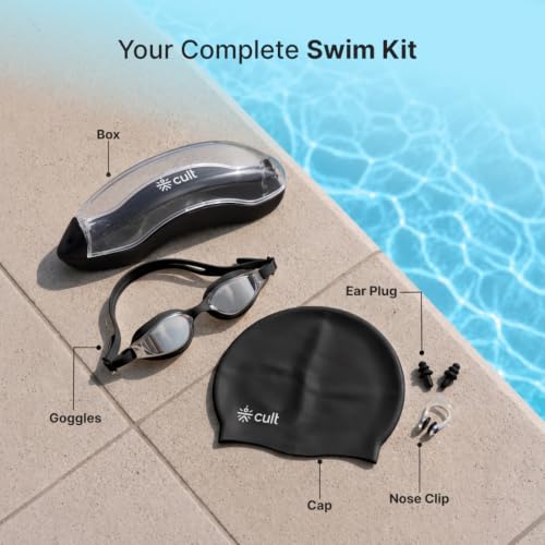 Image of CULT Swimming Cap Goggles with Ear Plugs & Nose Clip Set for Men & Women, Anti-Fog Swimming Goggles with Adjustable Strap, Silicone Swim Cap Combo for Training, Pool & Fitness, Black