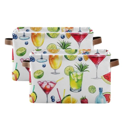 PaChyLuu Watercolor Cocktail Pattern Storage Basket Bin Canvas Fabric Organizer Toys Basket with Handles for Home Office Nursery, Clothes, Gifts, 2 Pcs