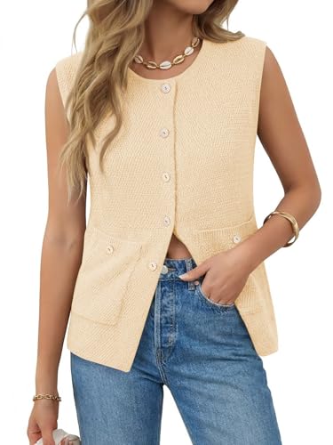 Image of Yousify Womens Sweater Vest Sleeveless Button Down Round Neck Knitted Tank Tops Casual Cardigan with Pockets