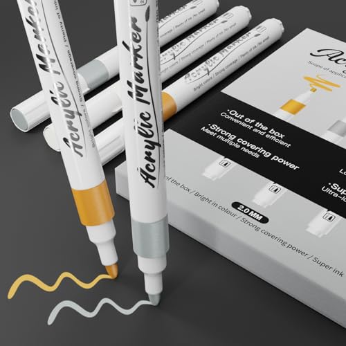 Jnyan Acrylstifte Marker, 9er Pack Acrylmarker, 2-3mm Mittelspitze, Weiß Gold Silber Farbstifte für Kunstprojekte, Zeichnen, Steinmalerei, Holz, Kunststoff, Metall, Leinwand DIY Bastelarbeiten