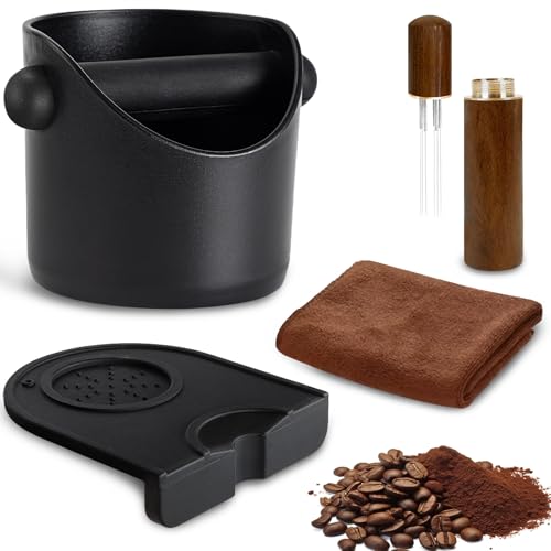 Espresso Coffee Knock Box Coffee Machine Accessories 4.4 Inch Bin Small Removable Knock Bar and Non-Slip Base with Coffees Stirring Needle and Towel Coffees Grounds Knocks Box (Black)