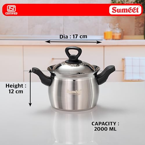 Image of Sumeet ISI Certified Stainless Steel Cook & Serve Pineapple Shape Handi /Cooking Pot with Steel Lid |Induction and Gas Compatible | Capacity - 2000ml -Dia - 17cm, Silver
