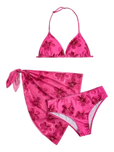 Image of SOLY HUX Girl's Summer Swimsuit Set Floral Halter Triangle Bikini Set with Wrap Skirts Beachwear