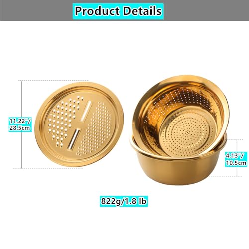 Image of 3PC /Set Colander Set Stainless Steel Vegetable Slicer Fruit Potato Peeler Carrot Grater Strainer Utensil Round Rice Washer Bowl Drain Basket-Gold, 28.5 X 10.5 cm