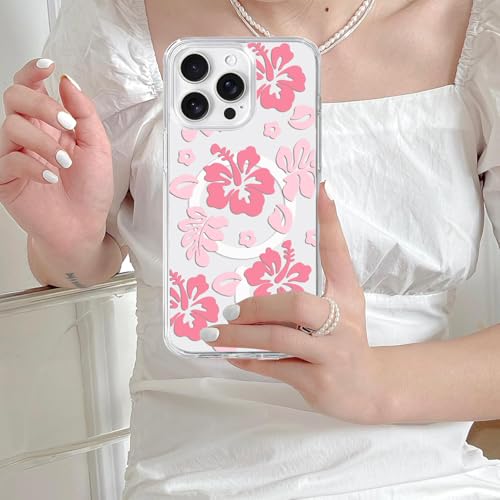 Houdqklee Magnetic Hibiscus Floral Case Cover for iPhone 16 Pro max, Cute Girly Pink Hibiscus Flower Phone Case Compatible with MagSafe, Clear Soft Slim Shockproof Protective Case for Women Girls - image 6