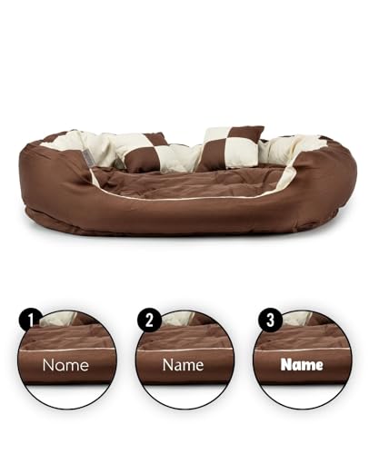 lionto Hundebett 4-in-1 mit Wendekissen aus robustem Oxford, 85x70 cm, Heimtierkissen Kratzfest mit tiefem Einstieg für Katzen und Hunde Aller Größen, wasserabweisend, braun/beige (Namensaufdruck)