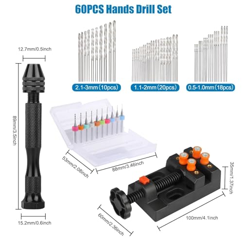 Linkstyle 60 Stück Handbohrer Set, Mini Bohrmaschine Pin Vise mit 48 Handbohr Spiralbohrer 0.5-3mm, 10 PCB Bohrer und Schraubstock für Holz Modellbau