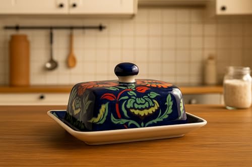 Image of HS HINDUSTANI SAUDAGAR Pushp Vatika Ceramic butterdish Handmade Container with Tray & lid Microwave & Dishwasher Safe Serve Ware for Hotel Cafe Restaurant Home Festival Ideal for Daily use & Gifting.