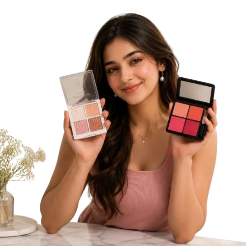 2 in 1 Makeup Palette Combo | 4 Color Glow Highlighter & 4 Color Blush Palette | Highly Pigmented, Long Lasting, Blendable Face Makeup Kit for Women & Girls-image-6