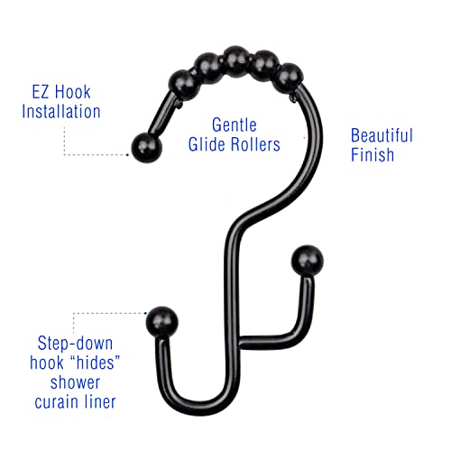 2Lbdepot Shower Curtain Hooks Rings - Rust Proof 18/8 Stainless Steel - Bathroom Curtains Double Hooks With Easy Glide Rollers - Metal Shower Curtain Hooks - 3 Finishes Available - Set Of 12, Black #TOP1