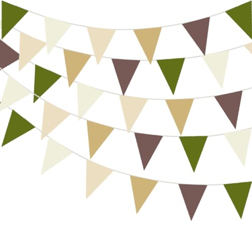 32Meters 105ft Brown Olive Green Party Bunting Banner Cream Ivory Beige Fabric Pennant Champagne Khaki Triangle Flags, Neutral Decorations for Boho Tan Rustic Birthday Baby Shower Wedding Decor