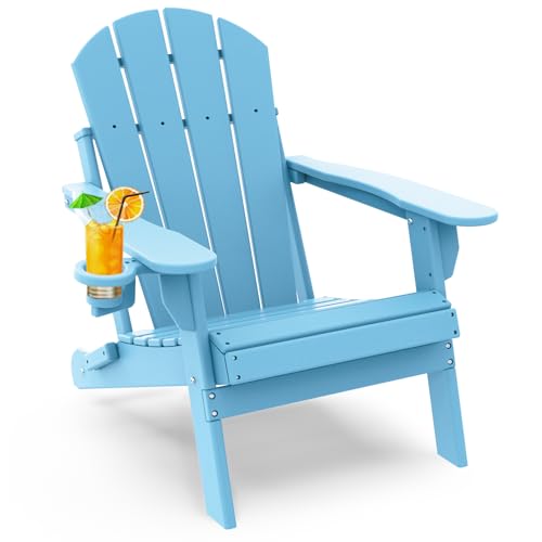 GREENVINES Folding-Adirondack-Chair | HDPE Plastic | Fire Pit Chairs | All Weather | Cup Holder | Arctic | for Deck Backyard Patio Outdoor Garden 1 Fo