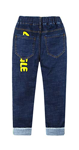 Kidscool Space Meninos Letras Tinta a Óleo Decoração Punho Rasgado Elástico Slim Jeans, Deep Blue, 8