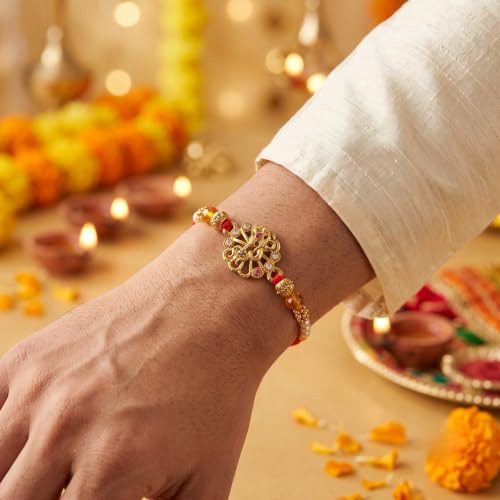 Image of Gold Plated Auspicious Diamond Ring Rakhi