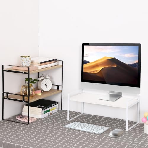 Image of YGYQZ Wood Office Desk Shelf Organizer - Desktop Supplies Cute Dresser Top Organization Storage Rack and Cubicle Decor Aesthetic Bookshelf for Women Man and Kids(White-Single Tier)