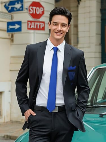 Image of Mantieqingway Black Tie Sets for Men Classic Solid Color Tie Handkerchief Pocket Square Holder Formal Graduation Wedding
