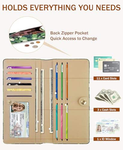 Image of Immaturus Black Cat Leaf Womens Wallet, Slim Thin RFID Blocking Credit Card Wallets, Long Bifold PU Leather Card Holder Organizer, Cute Cash Clutch Billfold with Zipper Coin Pocket Ladies Girls