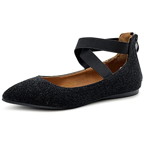Ollio Women's Glitter Elastic Ankle Strap Pointed Toe Ballet Flats F189