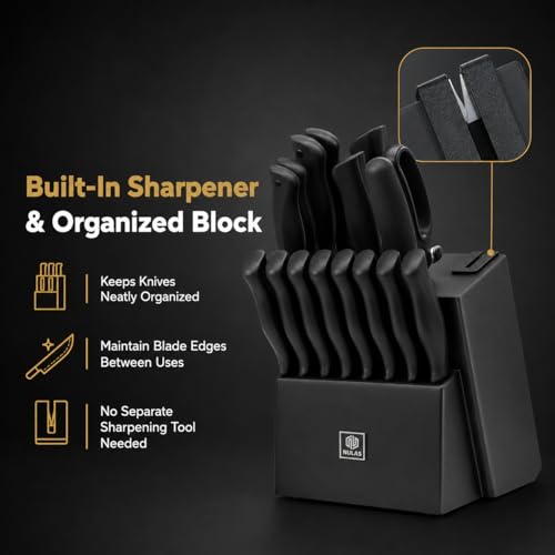 Image of 19-Piece Kitchen Knife Set with Block and Built-In Sharpener, Black | High-carbon stainless steel blades, nonstick coating, ergonomic handles and dishwasher-safe care