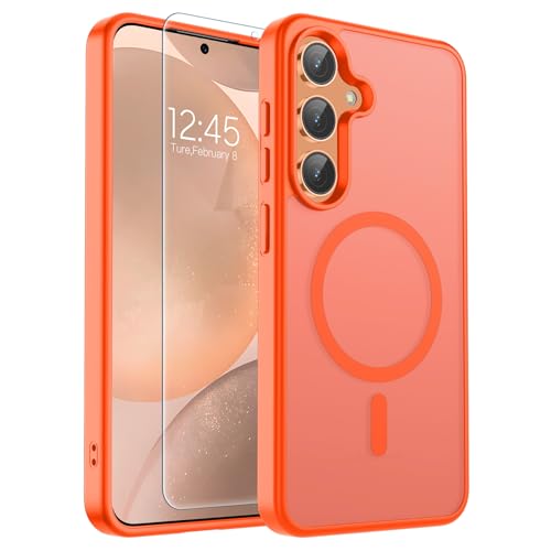 Image of SUPFINE Magnetic for Samsung Galaxy S24 Case / S25 Case with Screen Protector, (Built-in Magnets) (Military Grade Drop Protection) Slim Translucent Shockproof Phone Case,Orange