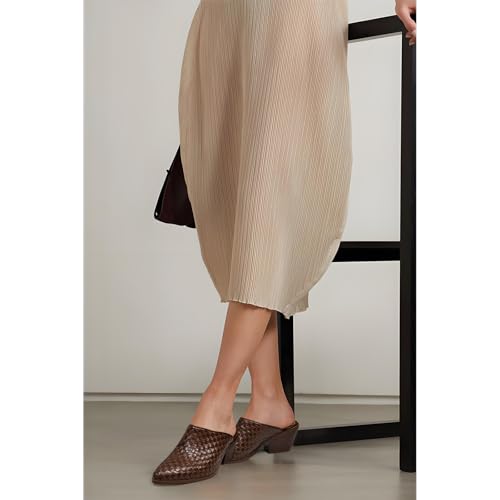 Women’s Pumps Closed Pointed Toe Block Heel Mule Woven Leather Chunky Stacked Heeled Slip On Slippers Casual Comfortable Shoes3