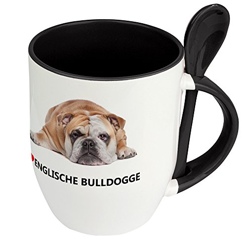 digital print Hundetasse Englische Bulldogge - Löffel-Tasse mit Hundebild Englische Bulldogge - Becher, Kaffeetasse, Kaffeebecher, Mug - Schwarz