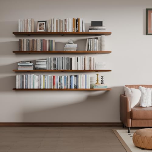 Image of 60 Inch Long Floating Shelf for Wall, 4 Tier Solid Wood Floating Book Shelf,Walnut Large Wall Shelf with Heavy Duty Brackets,Floating Bookshelf for Living Room