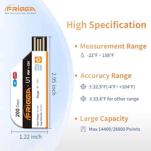 Image of Frigga 2 Pack Temperature Data Logger Single Use Temperature Recorder 28800 Points USB Temperature Loggers High Accuracy 200 Days Cold Chain Transportation with PDF CSV Report, U1
