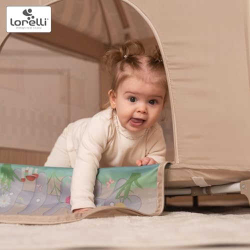 Lorelli Baby Laufstall My Place mit Dach, kleiner Laufgitter 100x100 cm, Absperrgitter mit atmungsaktivem Netz, Schutzgitter mit Reißverschlusstür, faltbarer Krabbelgitter, Beige