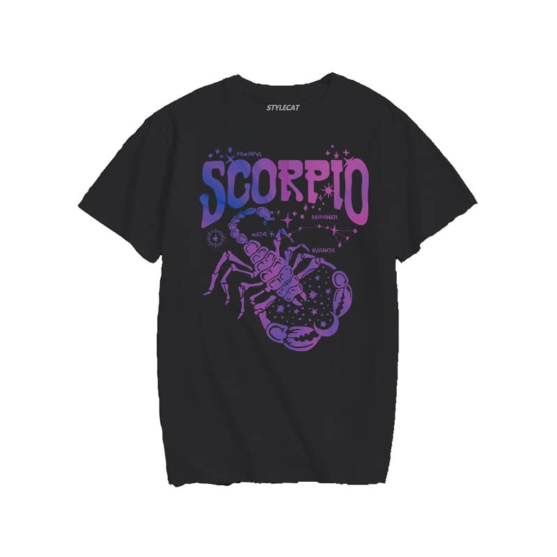 STYLECATForever Zodiac Sign - Scorpio - Printed Cotton Round Neck T-Shirt | Graphic Printing (Color - Black) | Designer t Shirts Men