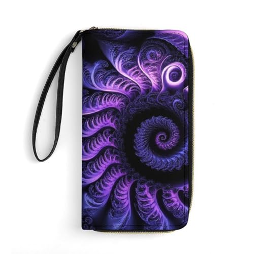 Girl's Long PU Wallet, Travel Purse Fashion Design, Huge Storage Capacity Purse, Cute Decor Zipper Wallet With Rope Trippy Abstract Purple Tie Dye