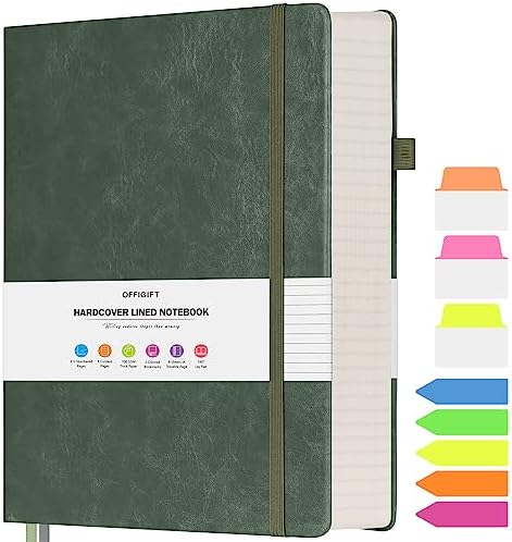 OFFIGIFT Lined Journal Notebook, Large A5 Hardcover Leather Journal, 312 Numbered Pages Work Notebook, 100gsm No Bleed Paper, College Ruled Notebook for Women Men School Office, Green