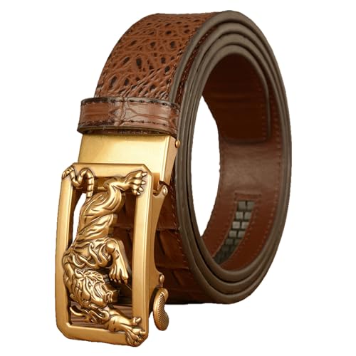 Men's Ratchet Belts Leather, Crocodile Pattern Cowboy Western Belt for Men with Tiger Square Alloy Buckle