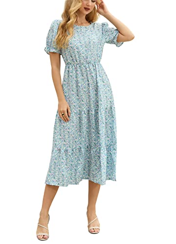 Image of GRECERELLE Women's Spring Summer Casual Loose Round Neck Boho Dress Ruffle Puff Sleeve High Waist Midi Dress