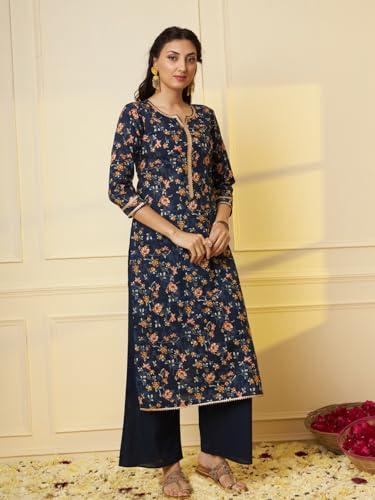 Tissu Women's Navy Blue Printed Pure Cotton Kurta & Palazzo With Dupatta3