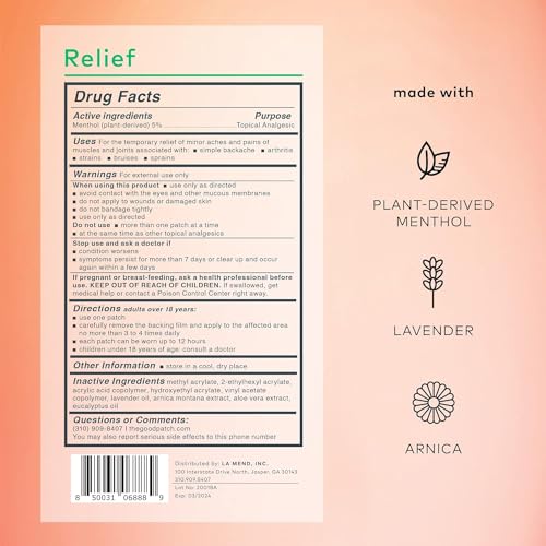 Image of The Good Patch Muscle Pain Relief Patches, Natural Patch with Menthol, Lavender, Arnica and Aloe Vera, Sustained Release, Plant Powered Wearable Wellness, for Back, Neck, Arms, Legs (8 Total Patches)