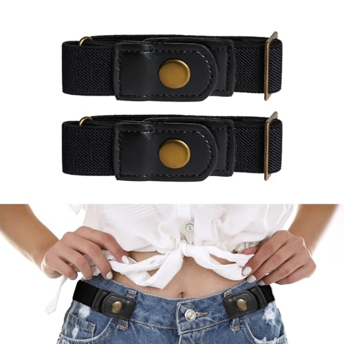 2pcs Invisible Side Belt No Buckle Belt Women and Men,Without Buckle Elastic Stretch Mens Adjustable Belt for Pants Jeans(black)