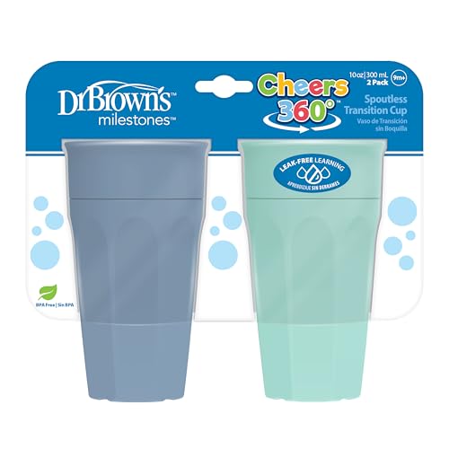 Image of Dr. Brown's Milestones Cheers 360 Training Cup for Toddlers & Babies, Leak-Free Sippy Cup, Blue/Aqua, 10oz/300mL, 9m+, 2 Pack (Colors May Vary)