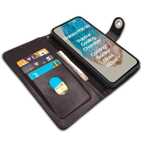 Image of Pikkme Flip Cover Leather Finish | Inside TPU with Card Pockets | Wallet Stand and Shock Proof | Complete Protection Button Flip Case for Samsung Galaxy M35 5G (Coffee)