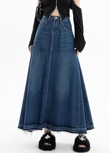 CHARTOU Women's Back Elastic High Waist A-Line Maxi Long Denim Jean Skirt4