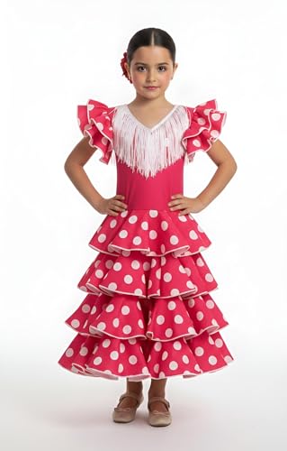 AMARU SANCHESU Vestido de niña para danza flamenco o sevillanas (FR/ES, Edad, 2 años, Regular, Rosa Topo Blanco)