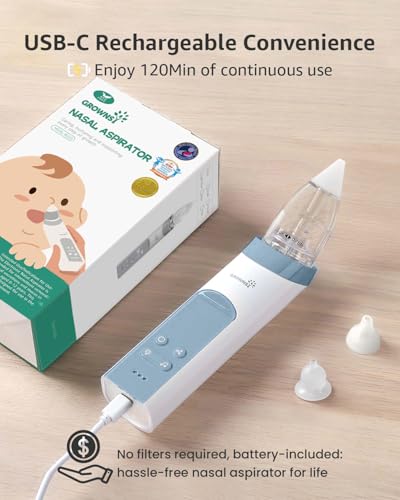 Image of GROWNSY Nasal Aspirator for Baby, Electric Nose Aspirator for Toddler, Baby Nose Sucker, Automatic Nose Cleaner with 3 Silicone Tips, Adjustable Suction Level, Music and Light Soothing Function, Blue