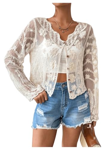 OYOANGLE Women's Plus Size Floral Appliques Long Sleeve Button Front Sheer Cardigan Lightweight See Through Outerwear