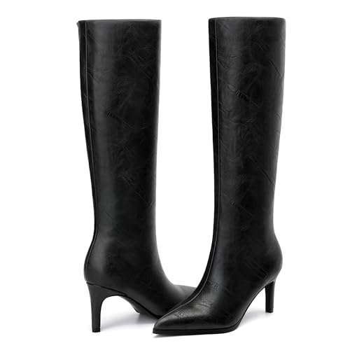Image of ROSERWISH Women's Knee High Boots Pointed Toe Low Kitten Heel Tall Boots Comfortable Casual Fall Long Boots With Side Zipper