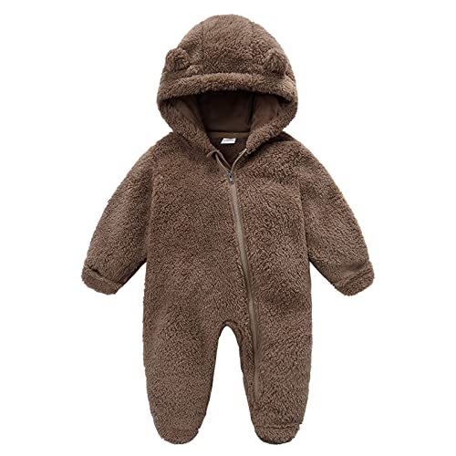 Image of Baby Clothes Boy Newborn Infant Baby Girl Boy Cute Solid Long Sleeves Ear Footed Hooded Zipper Romper Warm Jumpsuit Brown