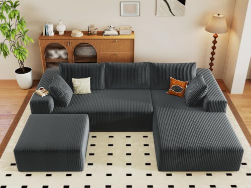Image of 96 inch Modular Sectional Sofa with Ottoman, Modern Corduroy Cloud Couch with Deep Seat, Boneless Couch Upholstered 3-Seater U-Shaped Sofa for Living Room, No Assembly (Grey, Right-Facing Chaise)