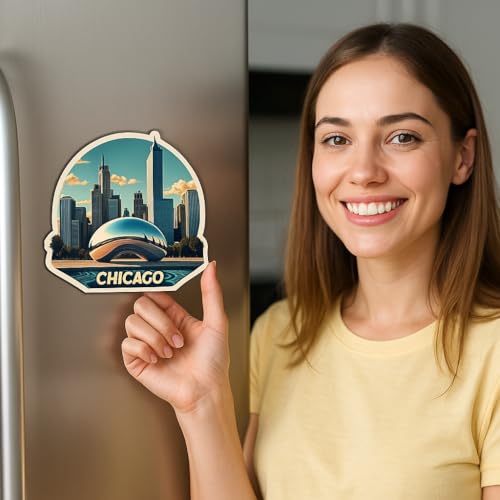 Image of Naxon Chicago City Theme Souvenir Wooden Fridge Magnet - 3x3 Inch Stylish Refrigerator Magnet for Kitchen & Home Decor | Travel Souvenir Gift from USA | Fridge Decoration Magnet | Pack of 1