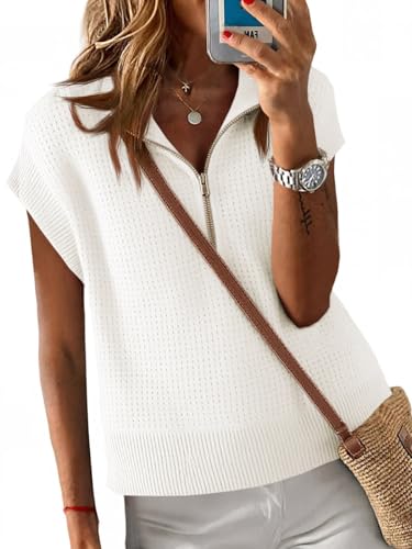 Langwyqu Womens Short Sleeve Cropped Knit Tops Half Zip Cap Sleev...