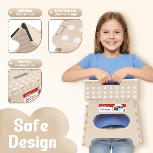Image of ACSTEP Folding Step Stool 11 Inch, Sturdy Plastic Foldable Step Stool for Kids & Adults, Non Slip Lightweight Collapsible Foot Stools Holds 300 lbs, Ideal for Kitchen, Bathroom, Outdoor, Khaki