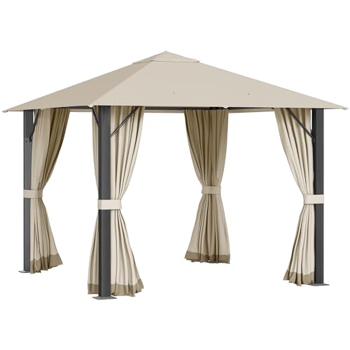 Outsunny Gartenpavillon Pavillon 3 x 3 m Gartenzelt Dach mit Belüftungslöcher Festzelt Partyzelt mit 4 x Seitenteile wetterfest Aluminium Polyester Khaki